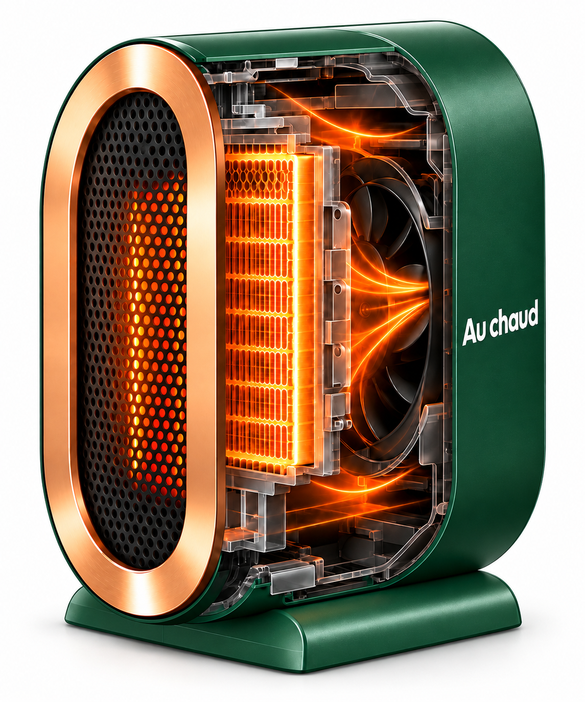 Au chaud vert en coupe, avec résistance PTC et ventilateur visibles